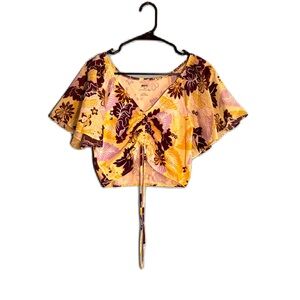 Maeve Yellow and Brown Purple Floral Crop Top Cinched Flutter Sleeve Size S